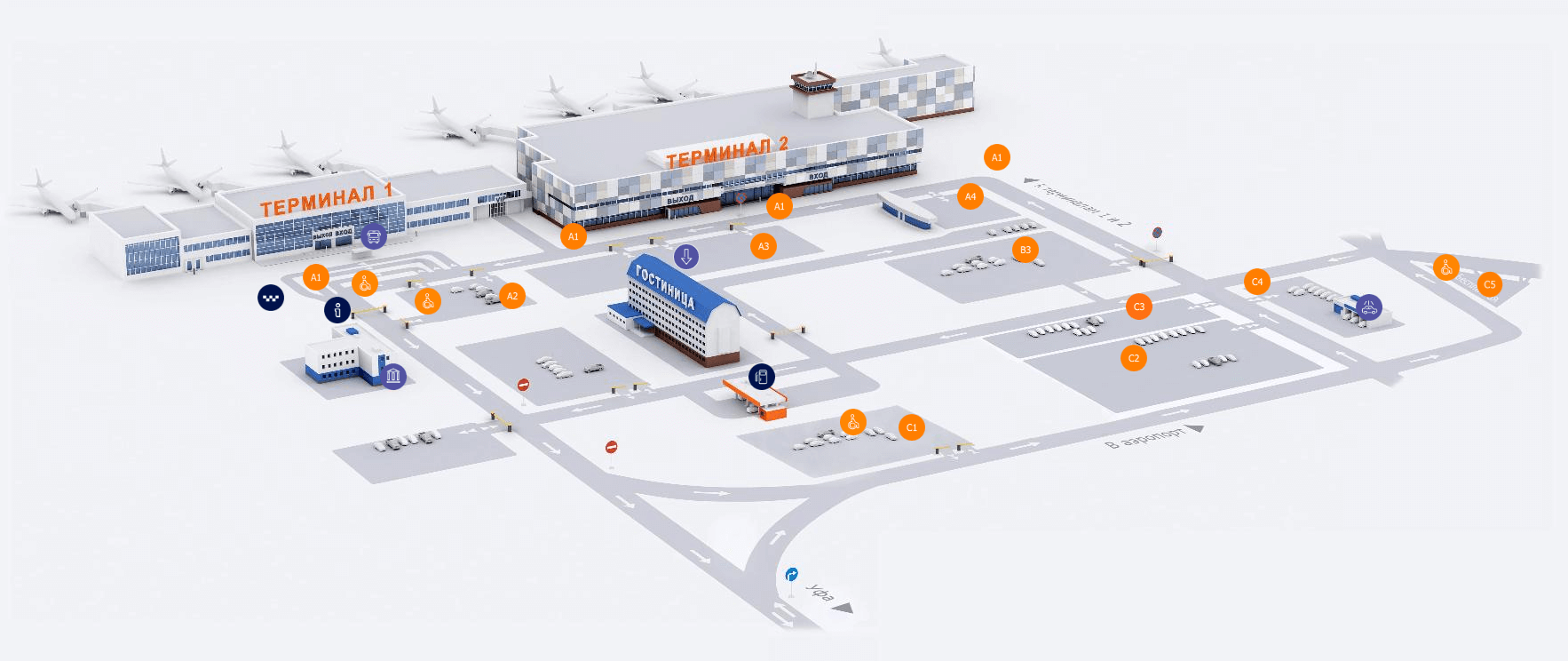 Расположение бесплатной стоянки в аэропорту Уфа
