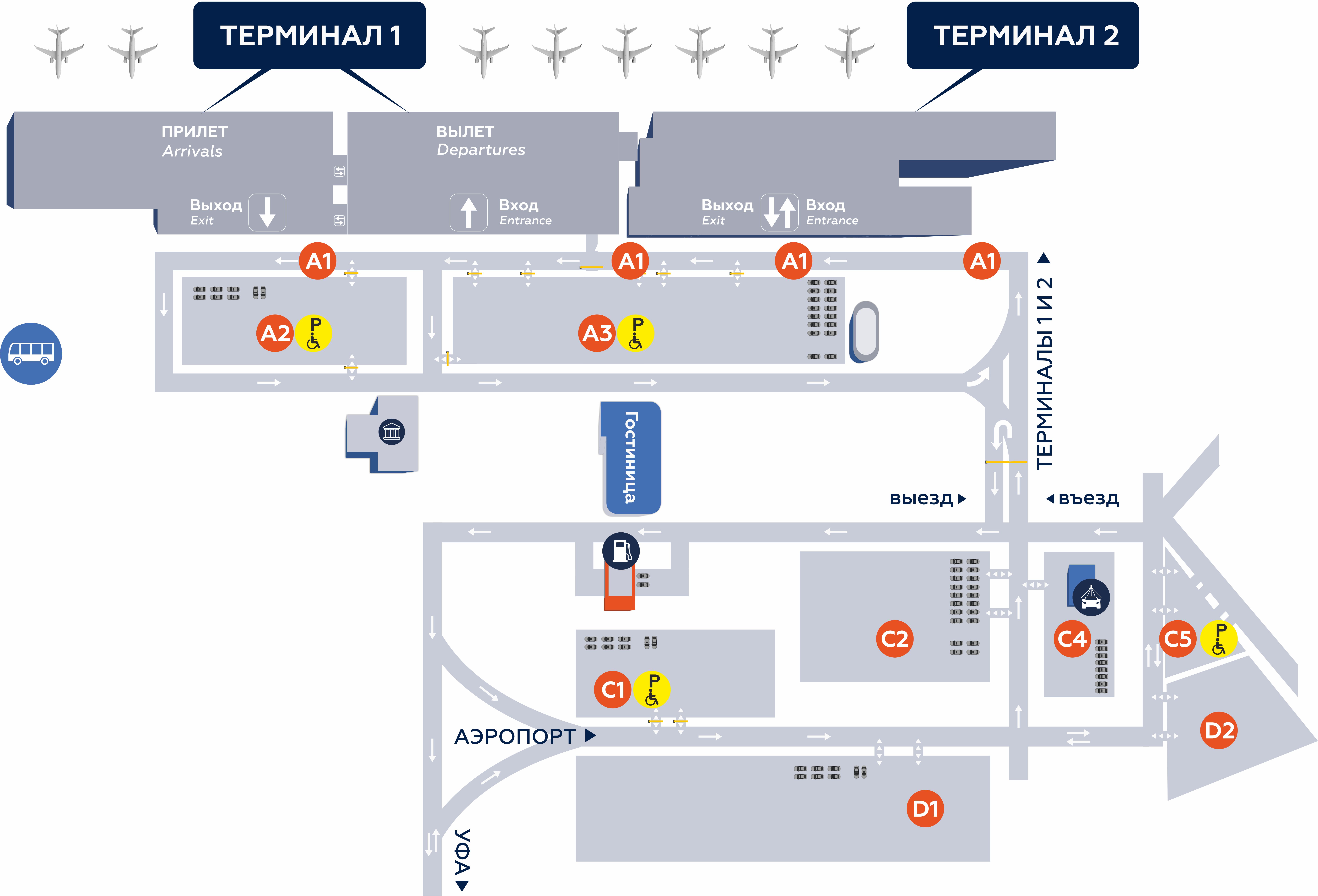 Планировка и карта парковочных зон в аэропорту Уфа